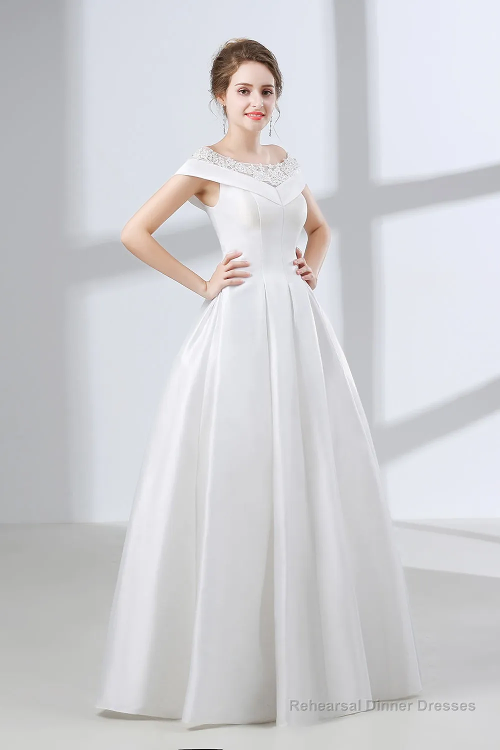 A-Line White Satin Lace Off The Shoulder Wedding Dresses
