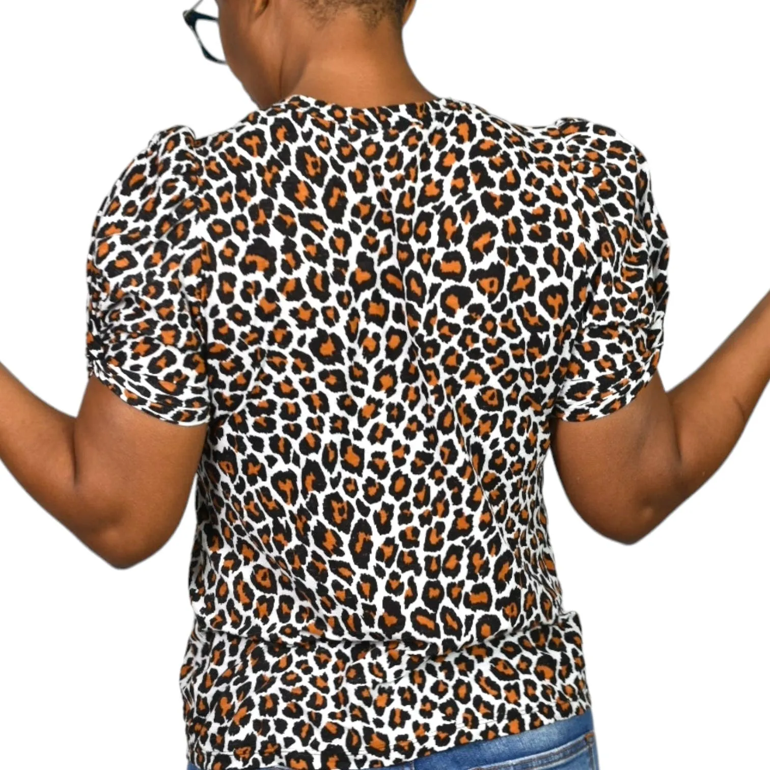 ALC Kati T Shirt Brown Animal Leopard Print Cotton Short Puff Sleeve Tee Top Size XS