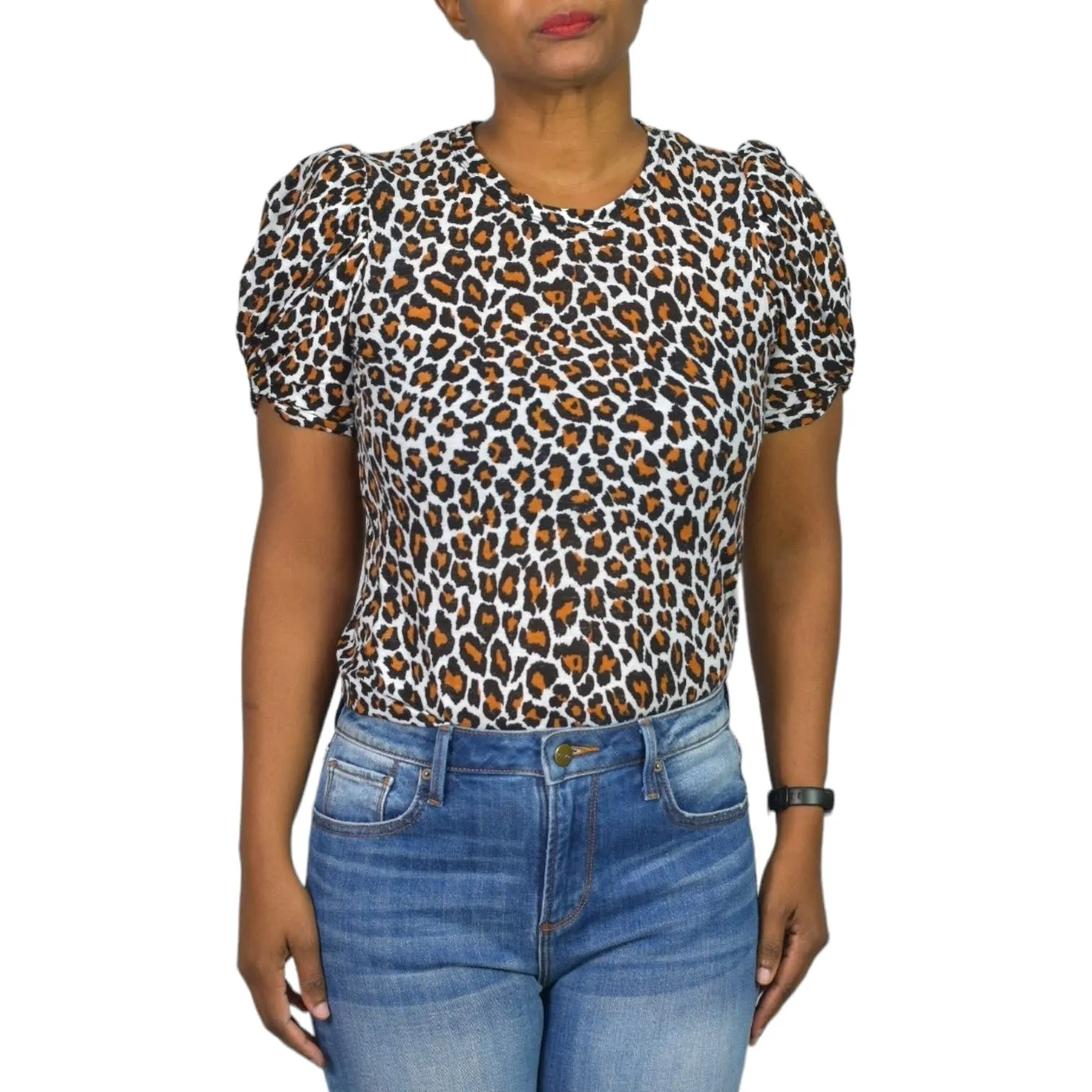 ALC Kati T Shirt Brown Animal Leopard Print Cotton Short Puff Sleeve Tee Top Size XS