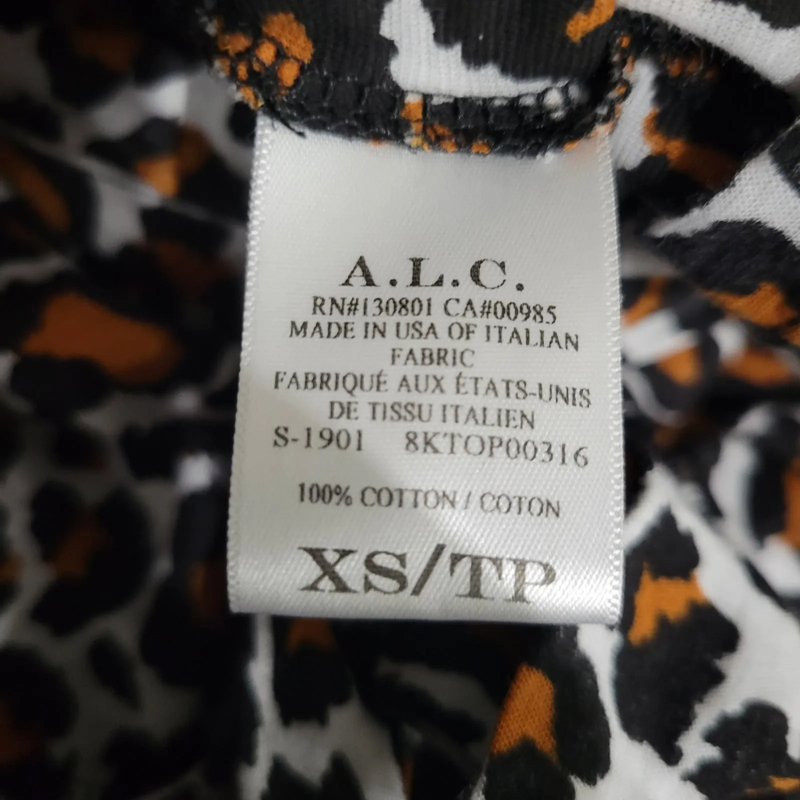 ALC Kati T Shirt Brown Animal Leopard Print Cotton Short Puff Sleeve Tee Top Size XS