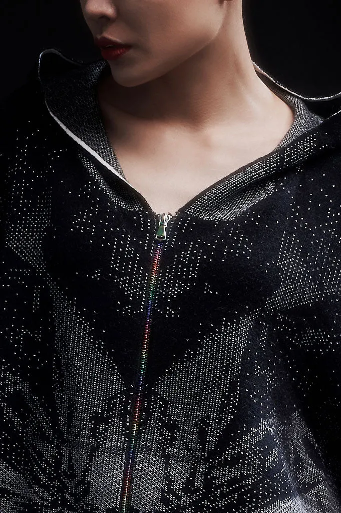 Andy Collection- Rainbow Zip Over-sized Knitted Jacquard Hoodie Cardigan