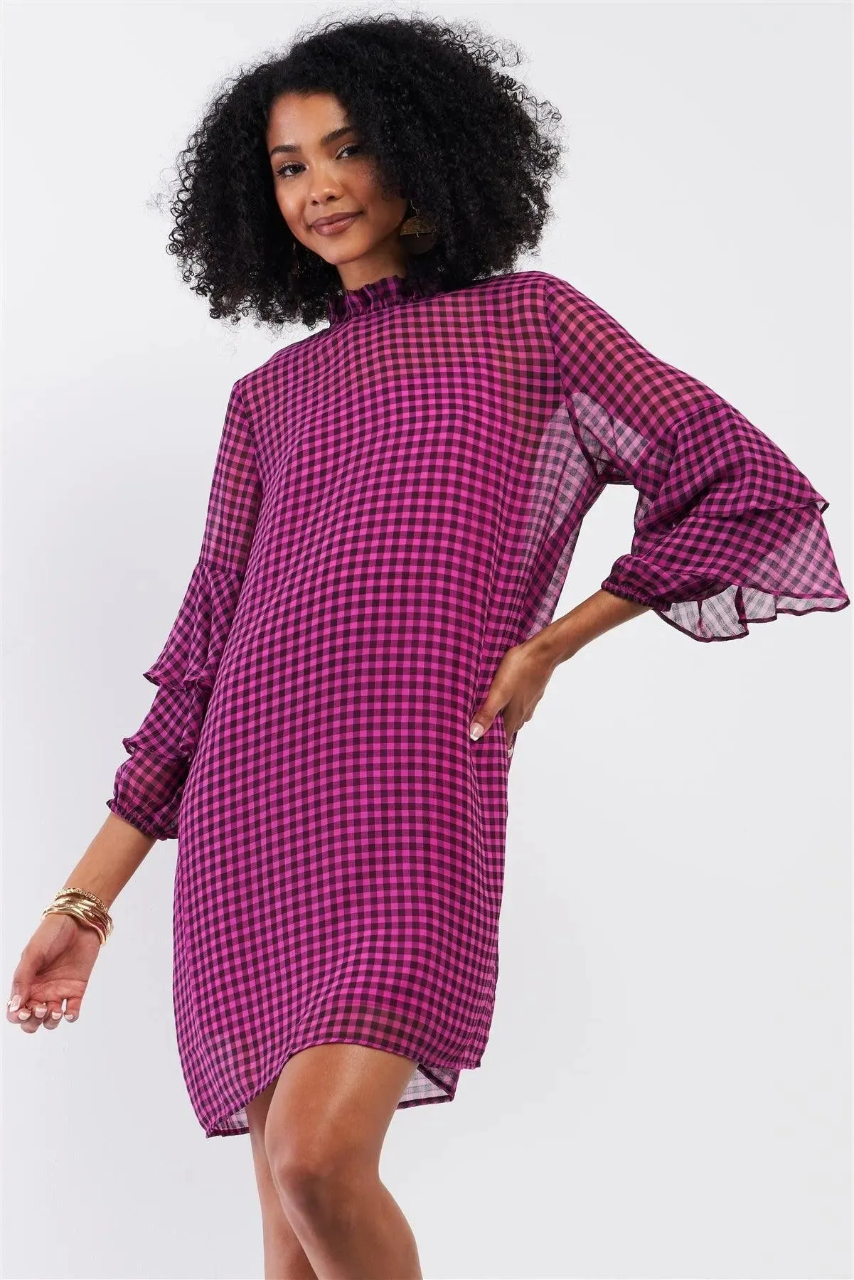 Black & Pink Checkered Print Relaxed Frill Mock Neck Layered Flare Sleeve Detail Mini Dress /1-2-3