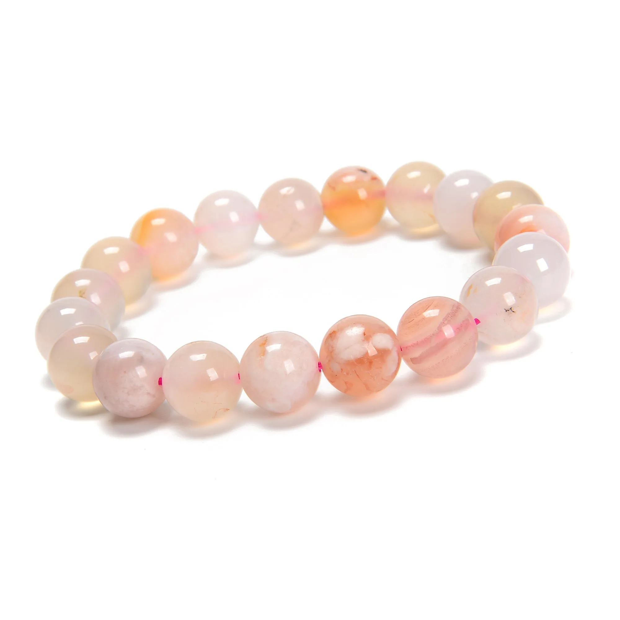 Cherry Flower Sakura Agate Smooth Round Beaded Bracelet 10mm 7.5'' Length Sold by Piece
