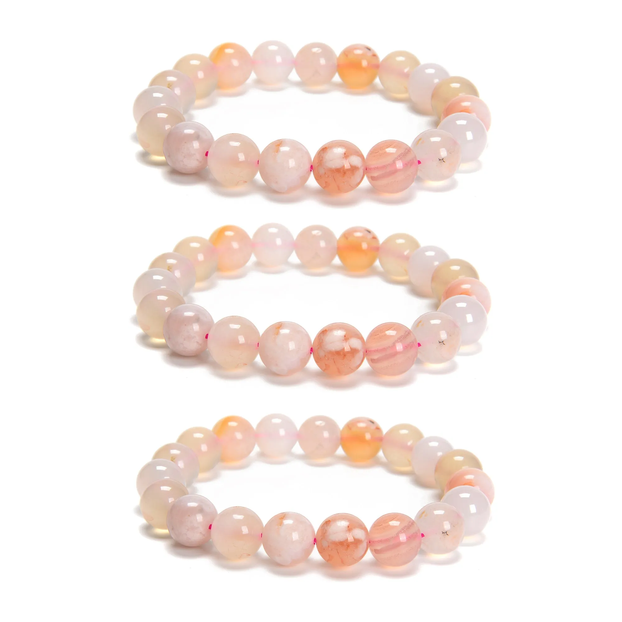 Cherry Flower Sakura Agate Smooth Round Beaded Bracelet 10mm 7.5'' Length Sold by Piece