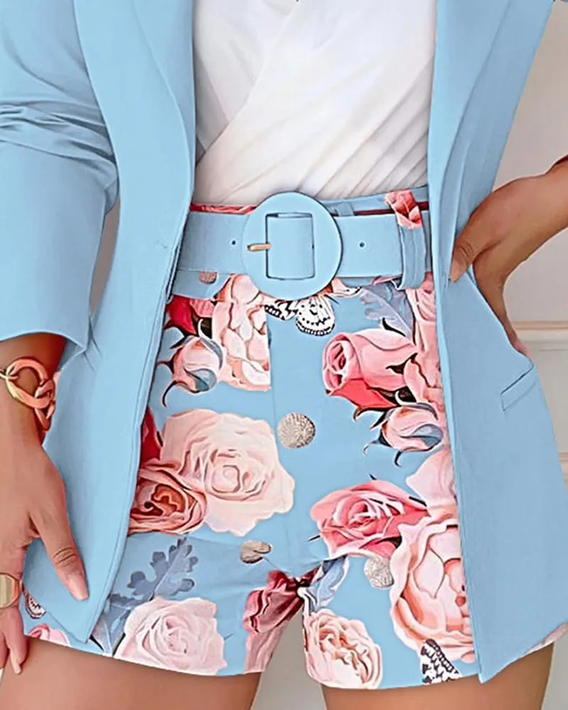 ChicMe Womens 2 Piece Blazer Set Open Front Blazer Coat with Floral Print Shorts Summer Suits Set 2025