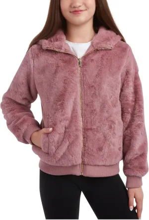 DKNY Girls' Winter Jacket - Full Zip Up Faux Fur Sherpa Girl's Bomber Jacket - Warm Hooded Teddy Coat for Girls (7-16)