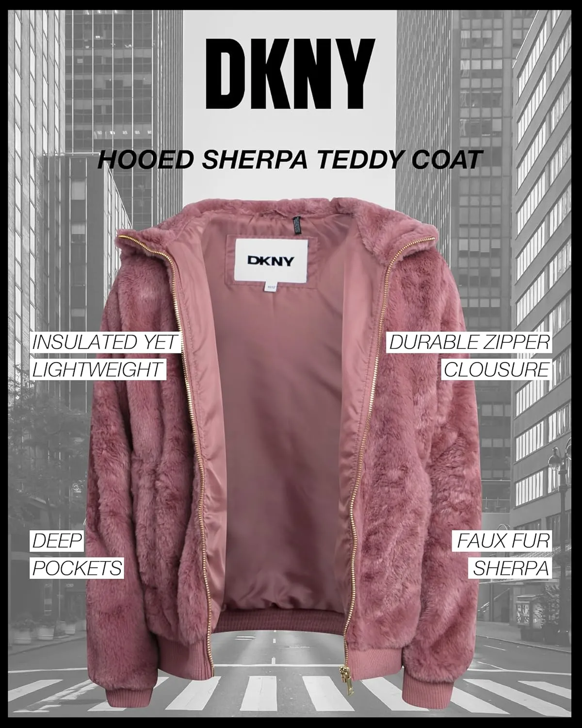 DKNY Girls' Winter Jacket - Full Zip Up Faux Fur Sherpa Girl's Bomber Jacket - Warm Hooded Teddy Coat for Girls (7-16)