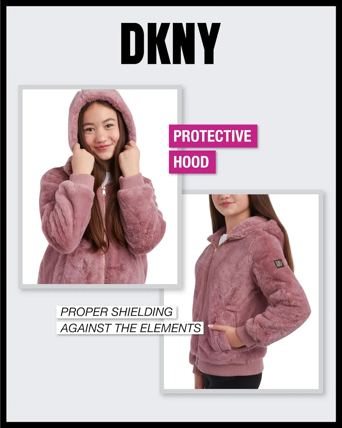 DKNY Girls' Winter Jacket - Full Zip Up Faux Fur Sherpa Girl's Bomber Jacket - Warm Hooded Teddy Coat for Girls (7-16)