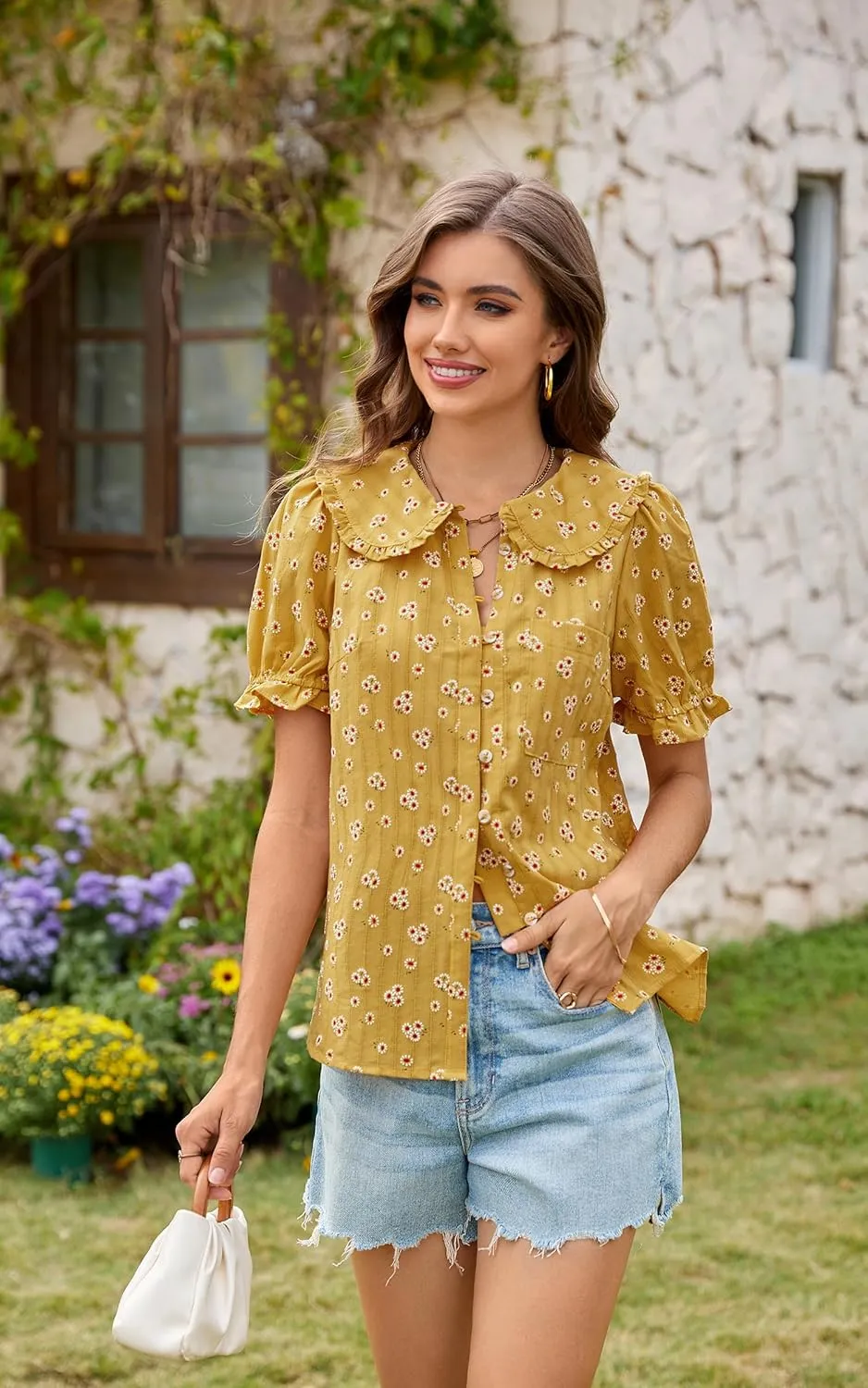ECOWISH Women's Button Up Shirt - Peter Pan Collar Frilled Short Sleeve Summer Tops Casual Cotton Retro Floral Blouse
