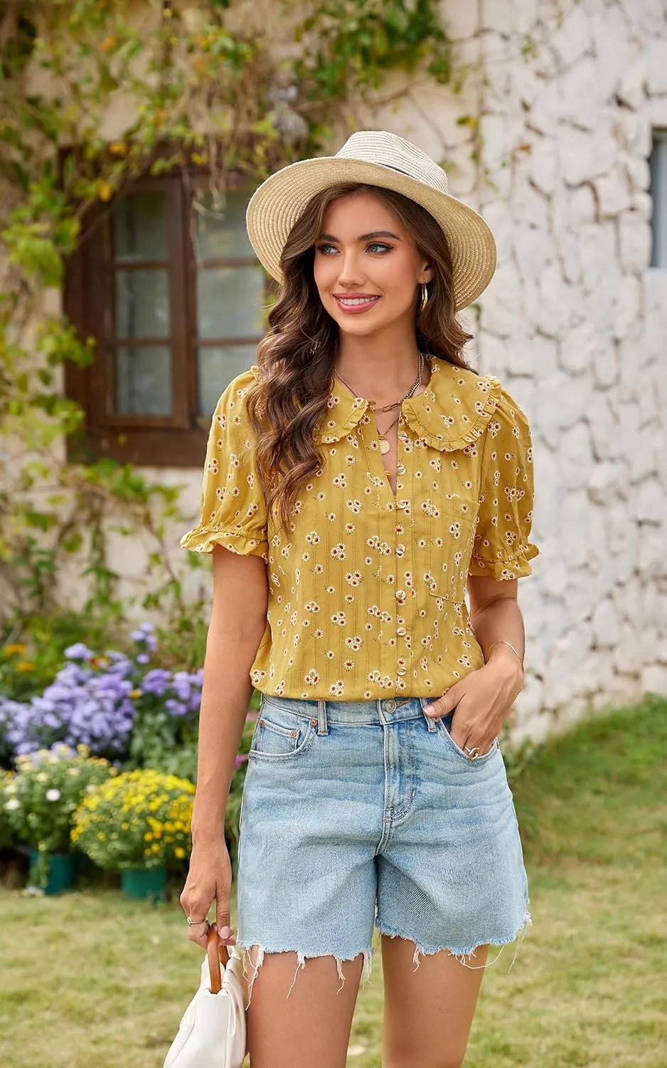 ECOWISH Women's Button Up Shirt - Peter Pan Collar Frilled Short Sleeve Summer Tops Casual Cotton Retro Floral Blouse