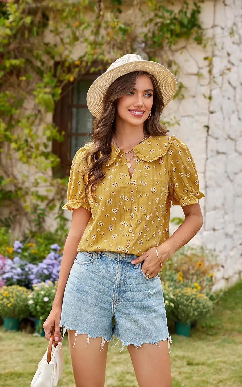 ECOWISH Women's Button Up Shirt - Peter Pan Collar Frilled Short Sleeve Summer Tops Casual Cotton Retro Floral Blouse