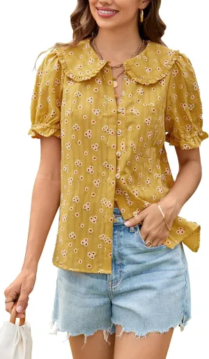 ECOWISH Women's Button Up Shirt - Peter Pan Collar Frilled Short Sleeve Summer Tops Casual Cotton Retro Floral Blouse