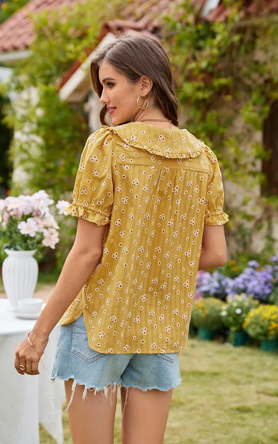 ECOWISH Women's Button Up Shirt - Peter Pan Collar Frilled Short Sleeve Summer Tops Casual Cotton Retro Floral Blouse