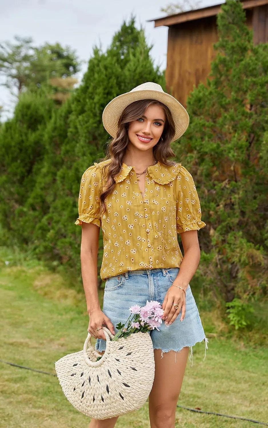 ECOWISH Women's Button Up Shirt - Peter Pan Collar Frilled Short Sleeve Summer Tops Casual Cotton Retro Floral Blouse