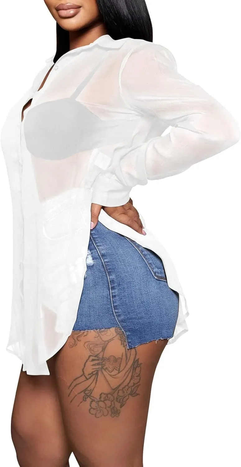 EDITCOZY Women's Sheer Cover Ups Button Up Blouse Sexy Long Sleeve Slit Hem Mesh See Through Shirts Tops
