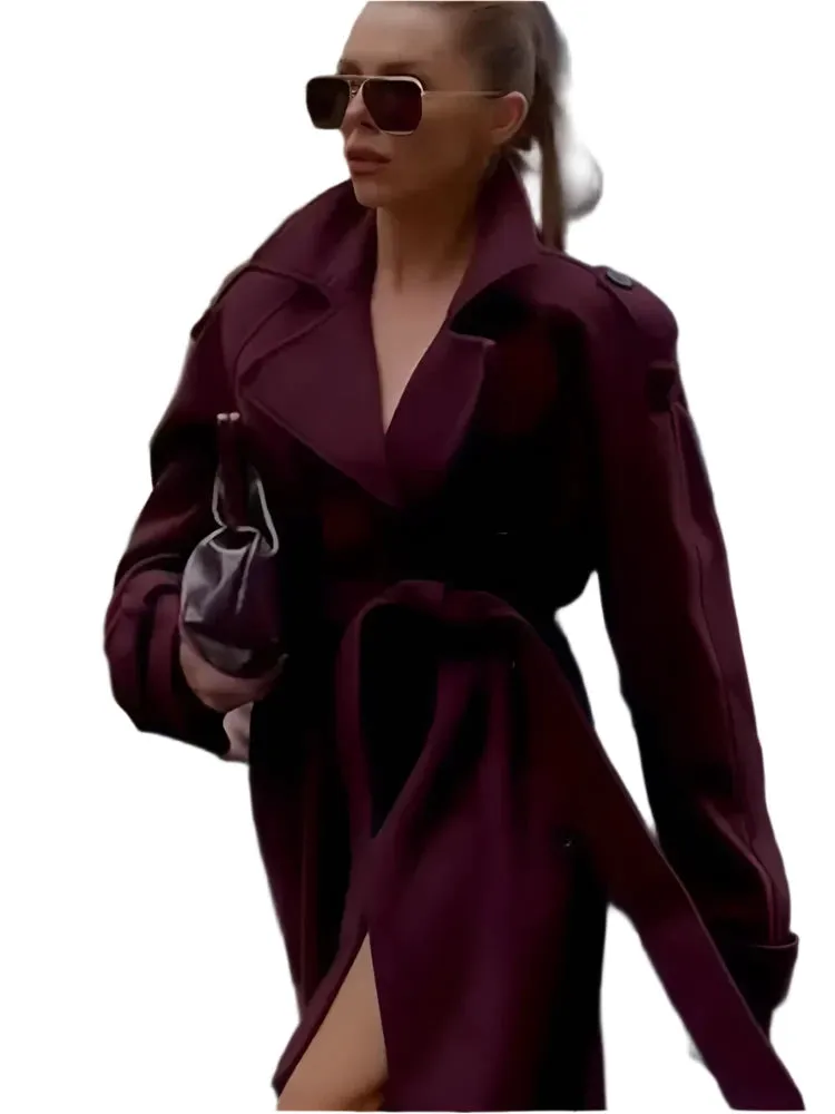 Elegant Burgundy Double-Breasted Coat – Women's Long Sleeve Fall/Winter Office Outerwear