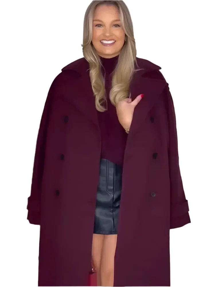 Elegant Burgundy Double-Breasted Coat – Women's Long Sleeve Fall/Winter Office Outerwear