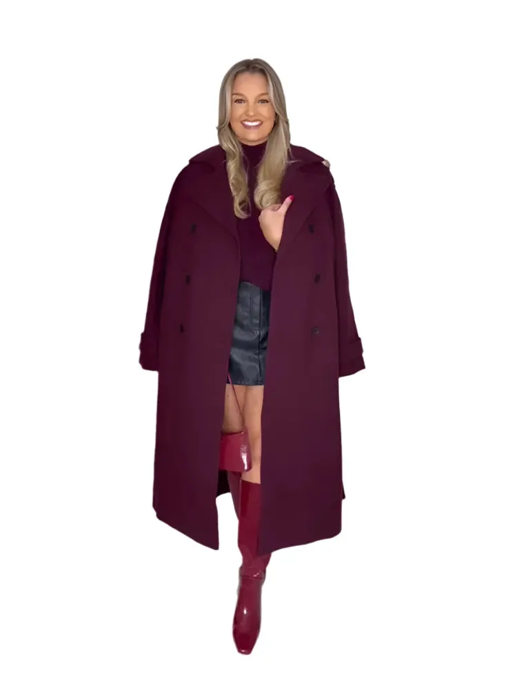 Elegant Burgundy Double-Breasted Coat – Women's Long Sleeve Fall/Winter Office Outerwear