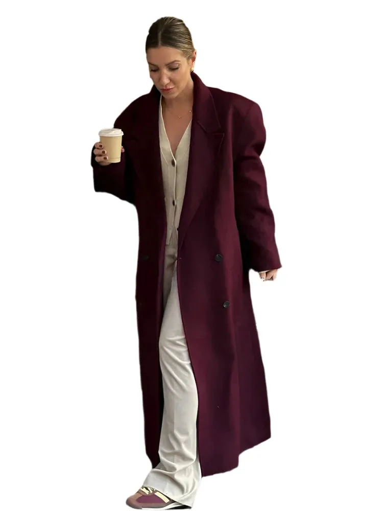 Elegant Burgundy Double-Breasted Coat – Women's Long Sleeve Fall/Winter Office Outerwear