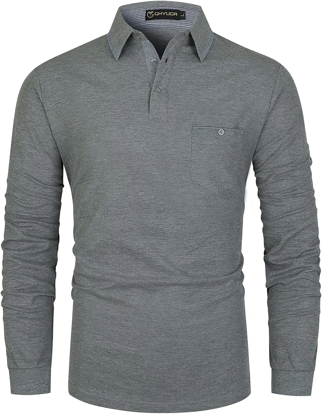GHYUGR Men's Classic Plaid Splicing Long Sleeve Golf Polo Real Pocket Business Casual T-Shirt