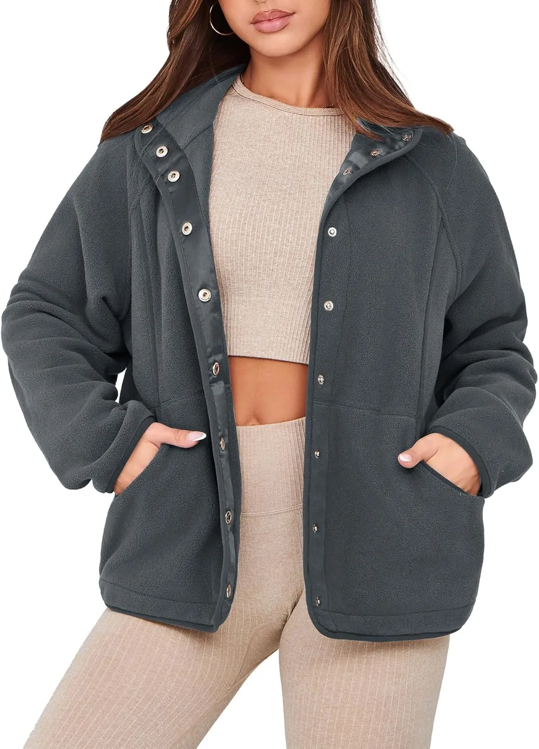 Glamaker women's Fleece Sherpa Jacket Winter Coats Long Sleeve Casual Button Fuzzy Cropped Sweatshirt Outerwear With Pockets
