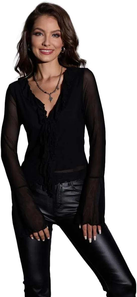 GORGLITTER Women's Sheer Mesh Tops Long Bell Sleeve Tie Front Vintage Ruffle Blouse Shirt