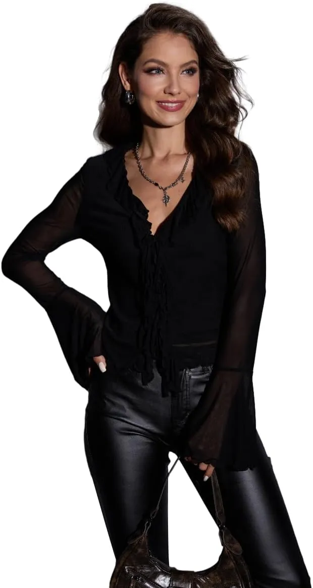 GORGLITTER Women's Sheer Mesh Tops Long Bell Sleeve Tie Front Vintage Ruffle Blouse Shirt
