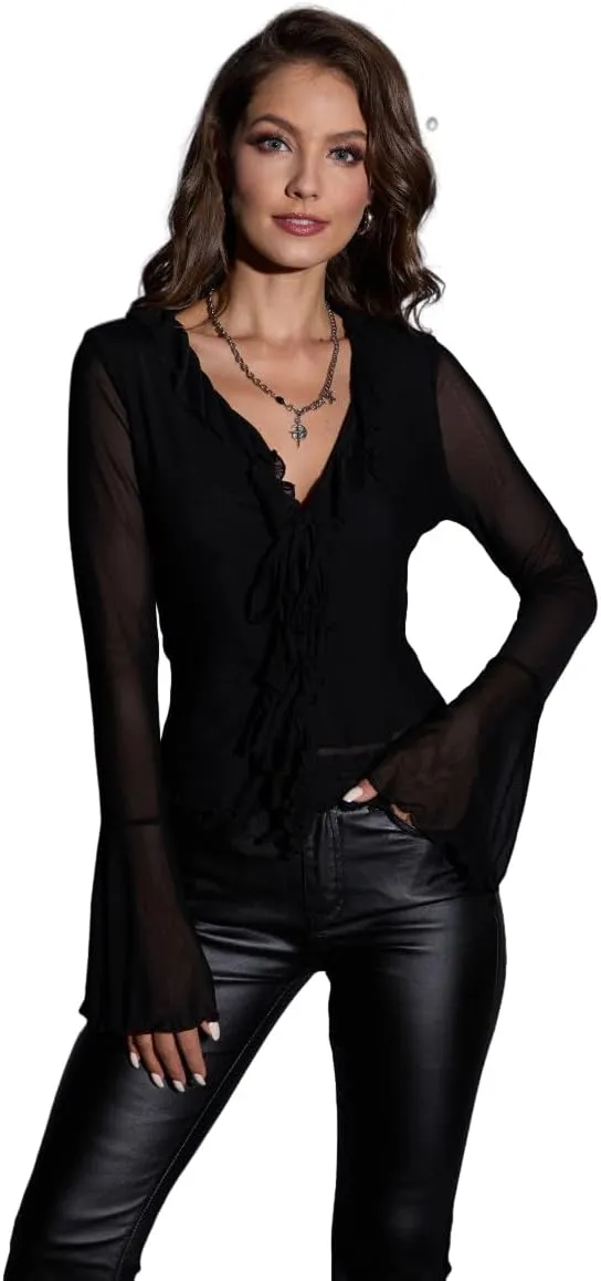 GORGLITTER Women's Sheer Mesh Tops Long Bell Sleeve Tie Front Vintage Ruffle Blouse Shirt