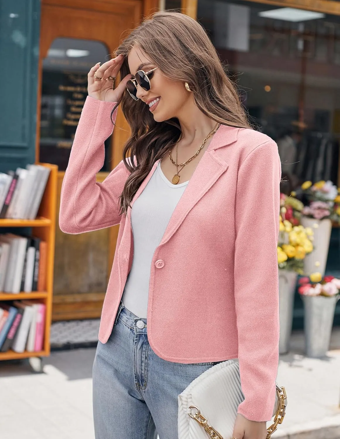 GRACE KARIN Women Sweater Blazer Casual Work Croppped Cardigan Lightweight Button Front Short Knit Blazer Jacket S-XXL