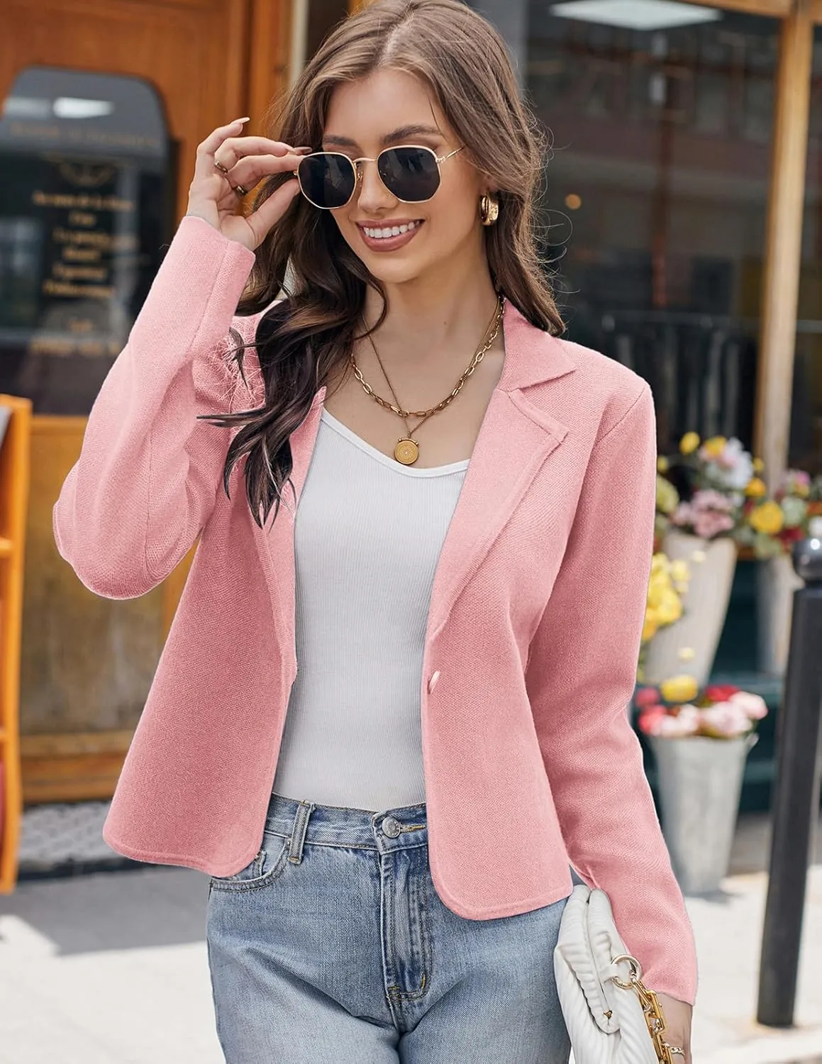 GRACE KARIN Women Sweater Blazer Casual Work Croppped Cardigan Lightweight Button Front Short Knit Blazer Jacket S-XXL