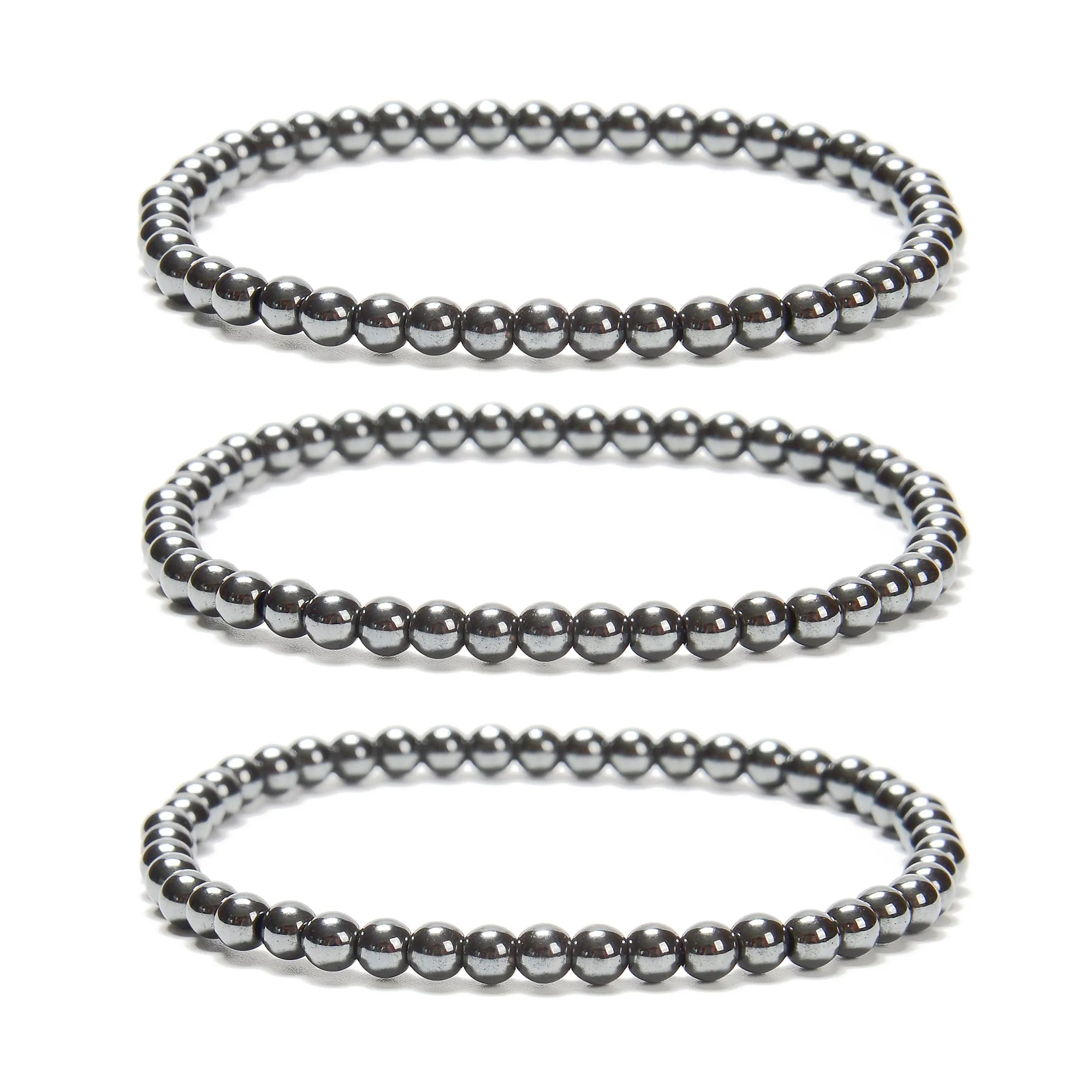Gray Hematite Smooth Round Beaded Bracelet 4mm 7.5'' Length 3 PCS Per Set