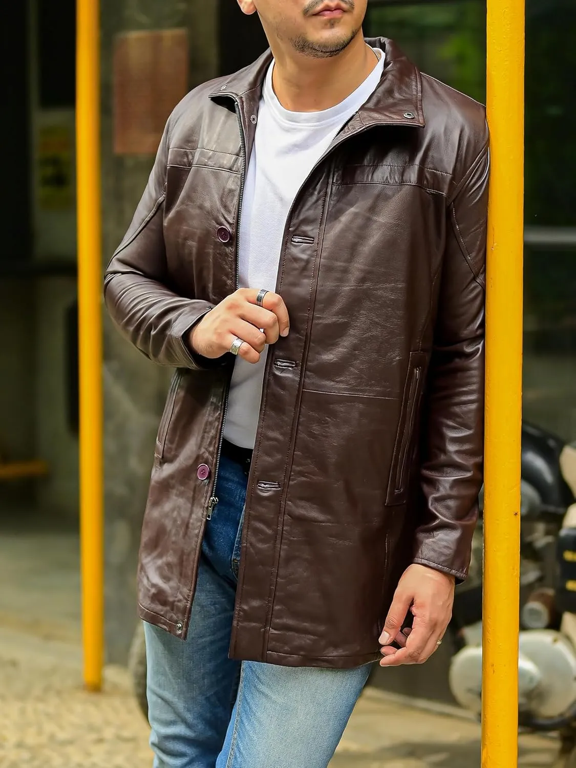 Jild Leather Trench Coat Men - 3/4 Length Casual Car Coat Style Lambskin Long Leather Jacket Men