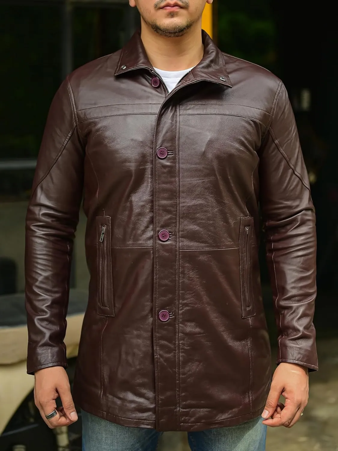 Jild Leather Trench Coat Men - 3/4 Length Casual Car Coat Style Lambskin Long Leather Jacket Men