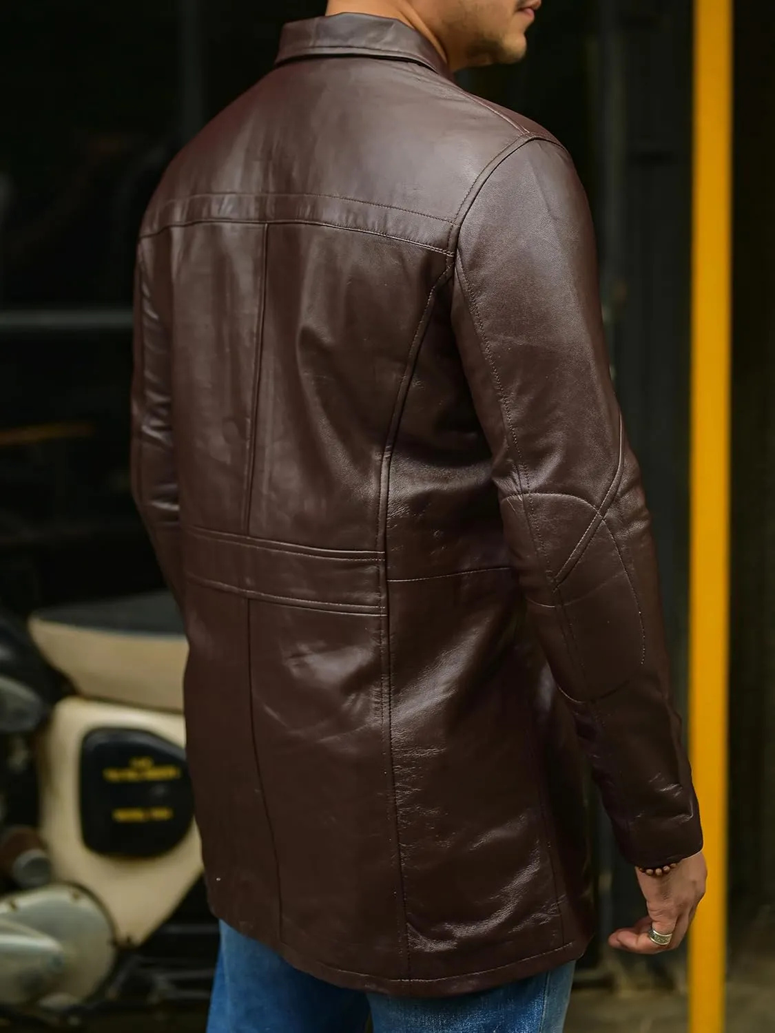 Jild Leather Trench Coat Men - 3/4 Length Casual Car Coat Style Lambskin Long Leather Jacket Men