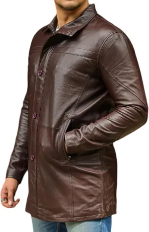 Jild Leather Trench Coat Men - 3/4 Length Casual Car Coat Style Lambskin Long Leather Jacket Men