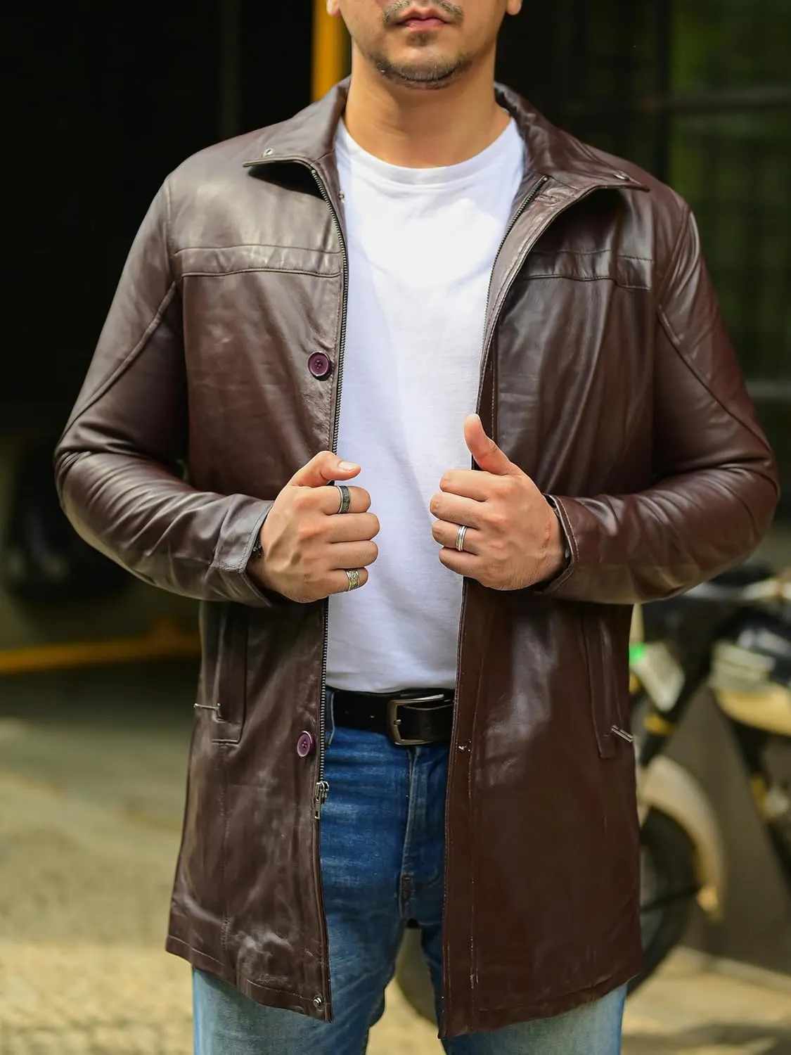 Jild Leather Trench Coat Men - 3/4 Length Casual Car Coat Style Lambskin Long Leather Jacket Men