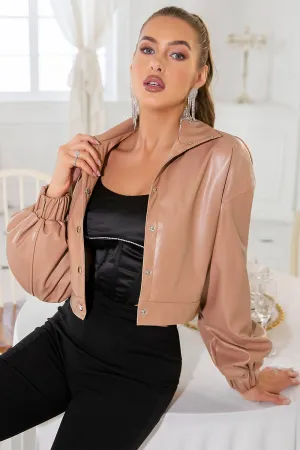 Khaki Cropped Button Lapel Women Leather Jacket