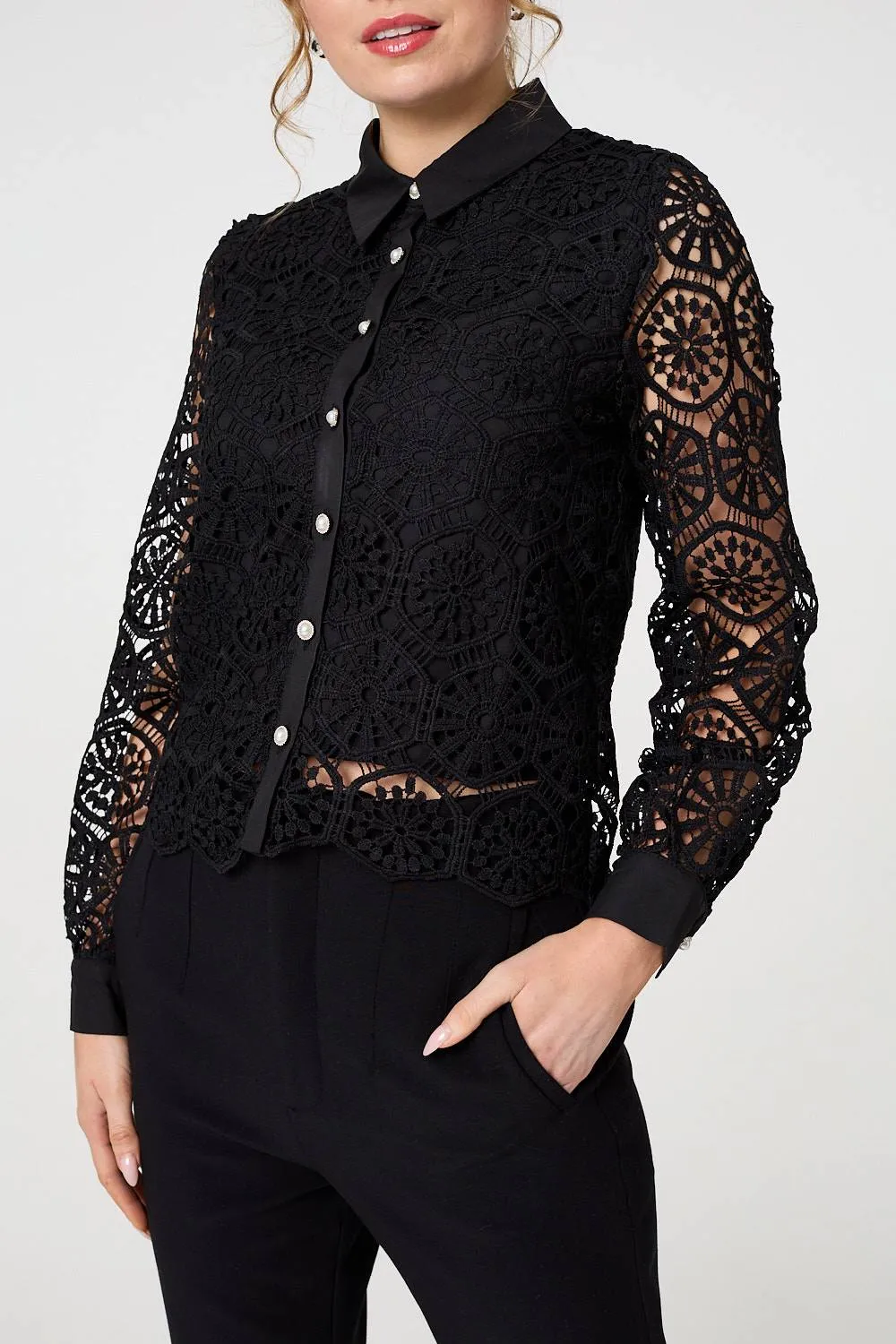 Lace Layer Sheer Sleeve Cropped Shirt