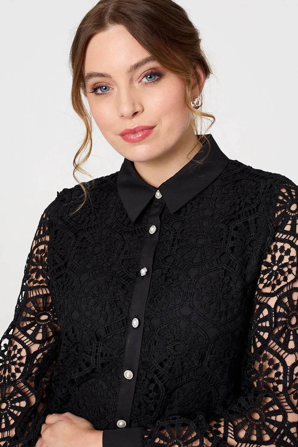Lace Layer Sheer Sleeve Cropped Shirt