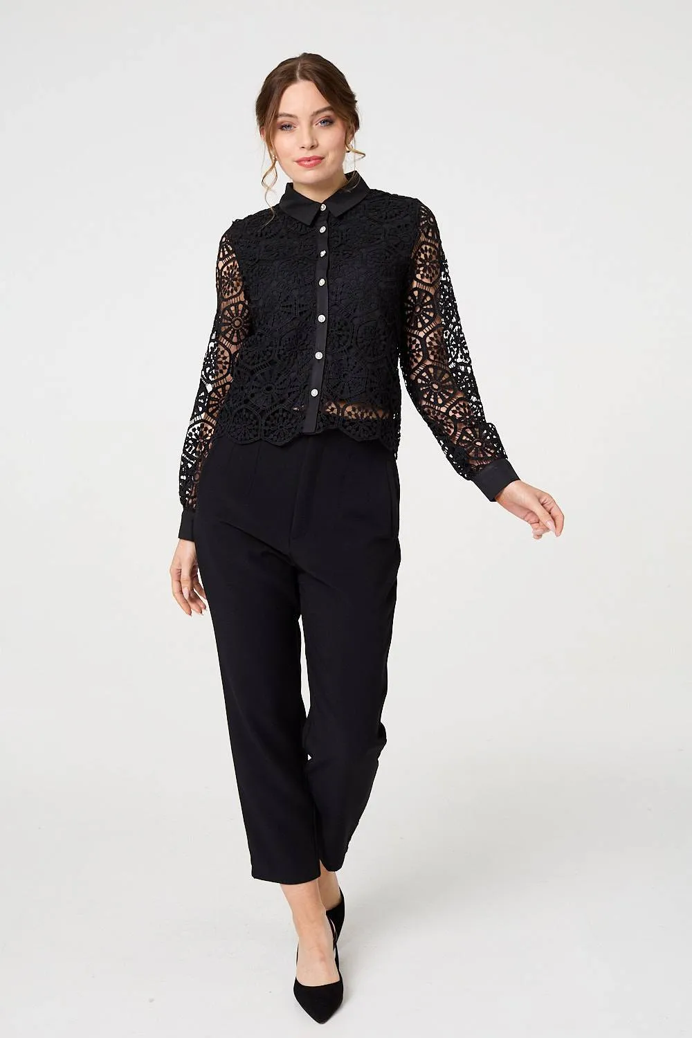 Lace Layer Sheer Sleeve Cropped Shirt