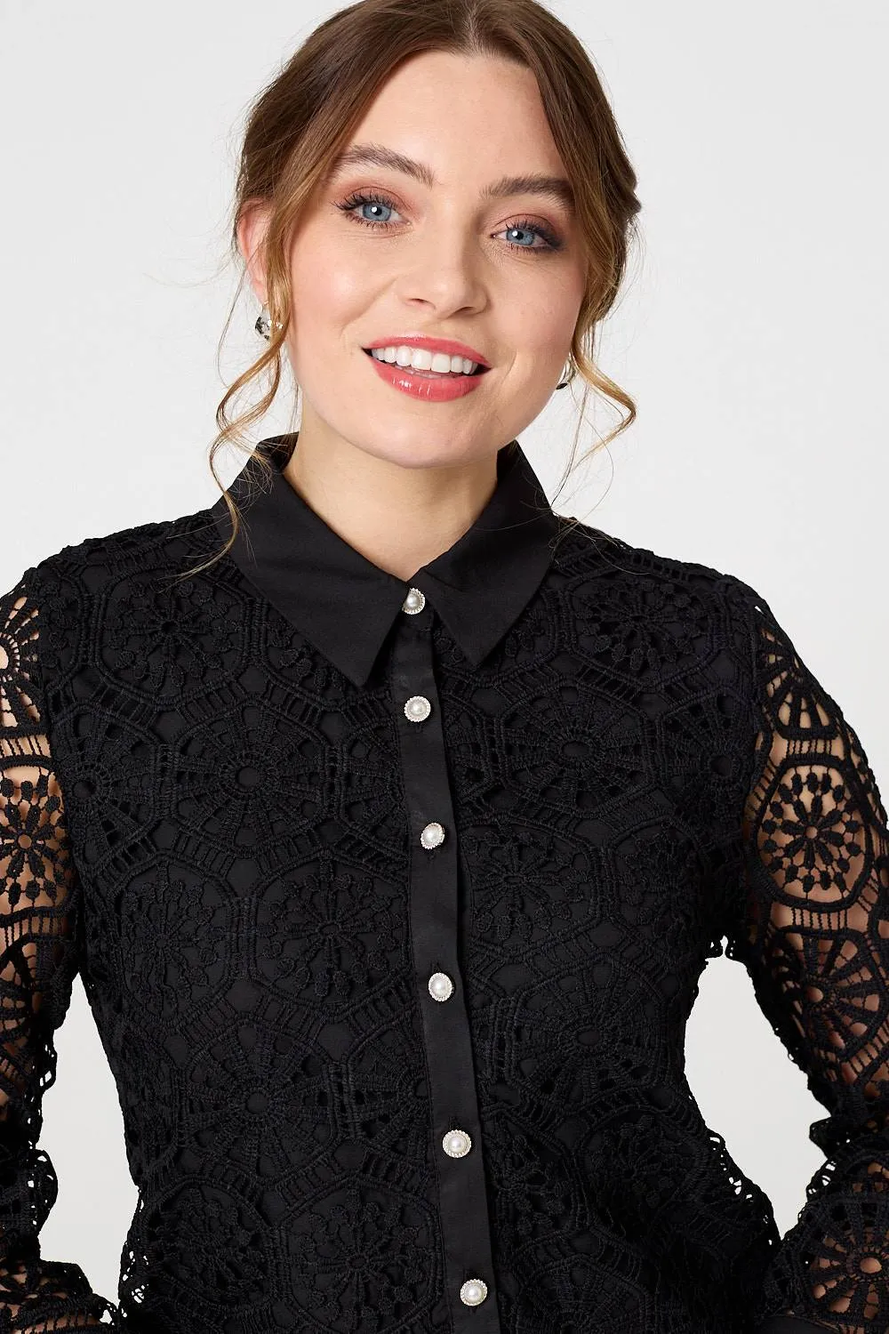 Lace Layer Sheer Sleeve Cropped Shirt