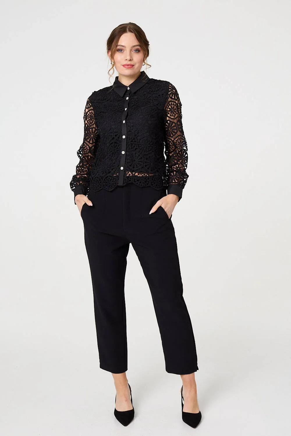 Lace Layer Sheer Sleeve Cropped Shirt