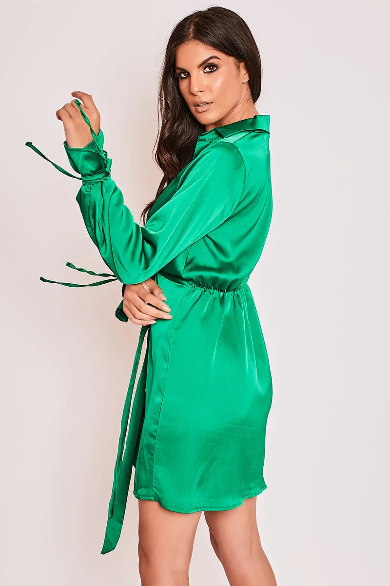 Mae - Green Satin Tie Front Shirt Dress