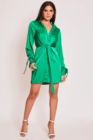 Mae - Green Satin Tie Front Shirt Dress
