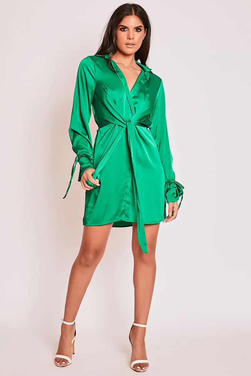 Mae - Green Satin Tie Front Shirt Dress