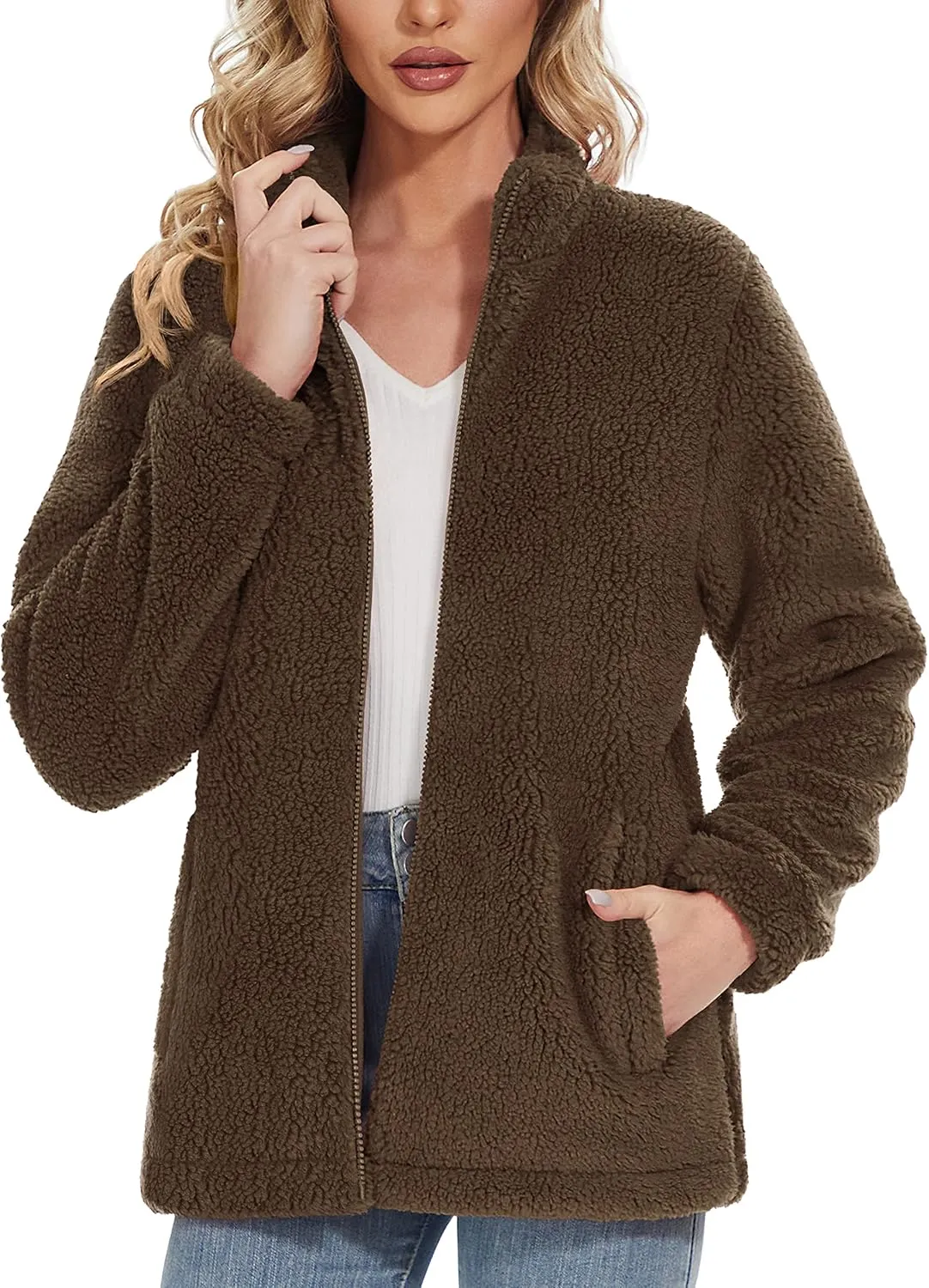 MAGCOMSEN Women Sherpa Jacket Full Zip Fuzzy Teddy Coat with Pockets Fleece Lined Warm Winter Casual Outfits