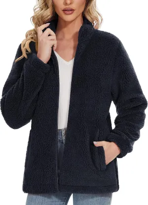 MAGCOMSEN Women Sherpa Jacket Full Zip Fuzzy Teddy Coat with Pockets Fleece Lined Warm Winter Casual Outfits