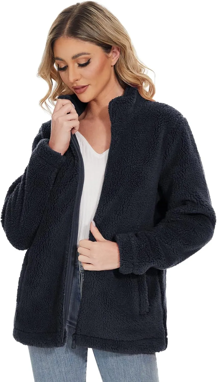 MAGCOMSEN Women Sherpa Jacket Full Zip Fuzzy Teddy Coat with Pockets Fleece Lined Warm Winter Casual Outfits