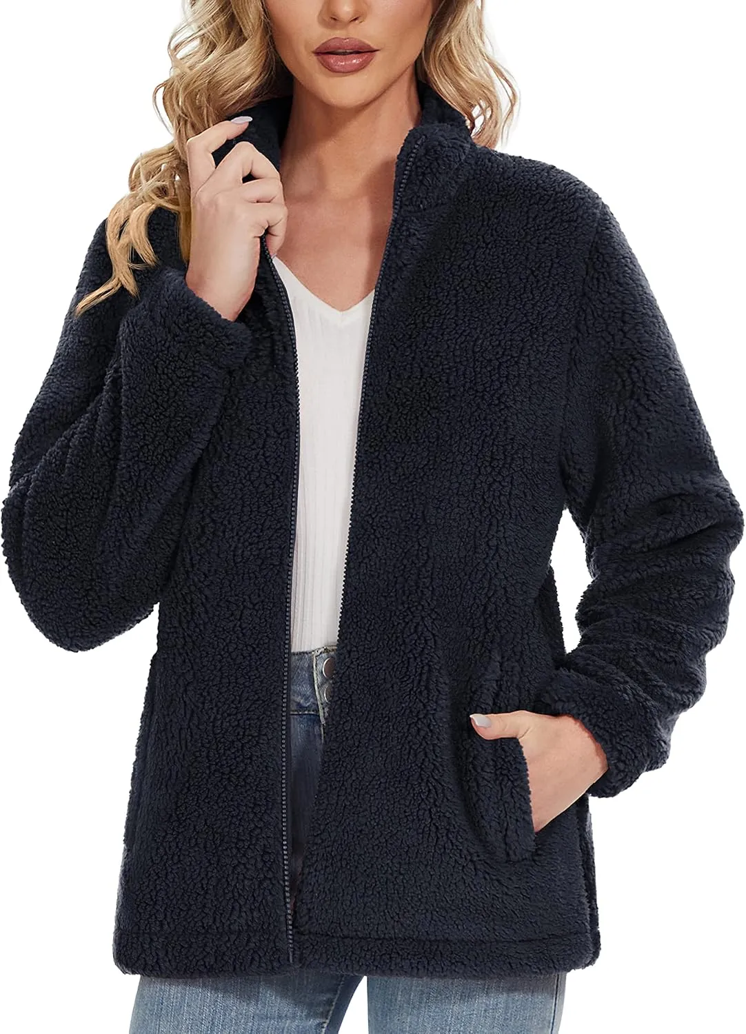 MAGCOMSEN Women Sherpa Jacket Full Zip Fuzzy Teddy Coat with Pockets Fleece Lined Warm Winter Casual Outfits