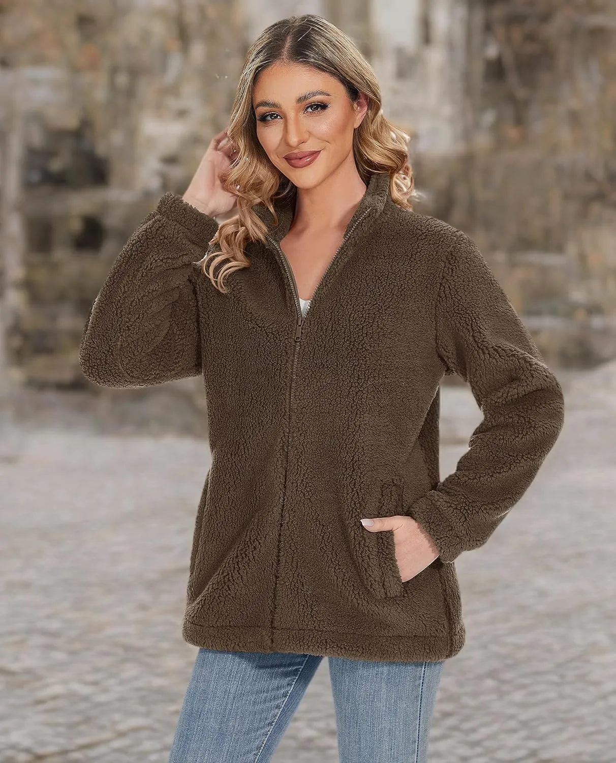 MAGCOMSEN Women Sherpa Jacket Full Zip Fuzzy Teddy Coat with Pockets Fleece Lined Warm Winter Casual Outfits